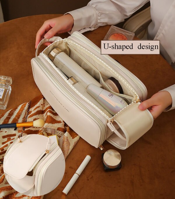 Three-layer Double Zipper U-shaped Design Cosmetic Bag Fashion High Capacity Make Up Bags Portable Pu Leather Storage Bag For Skin Care Products - Image 8